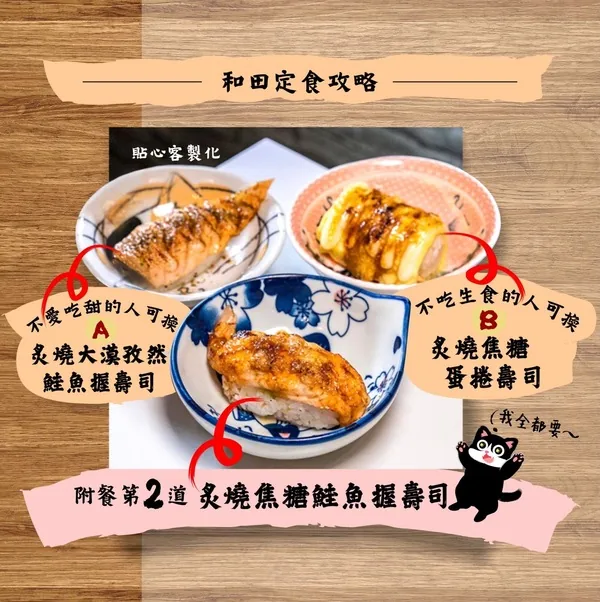 和田定食攻略：炙燒焦糖鮭魚握壽司可換炙燒大漠孜然鮭魚握壽司，不吃生食可換炙燒焦糖蛋捲壽司