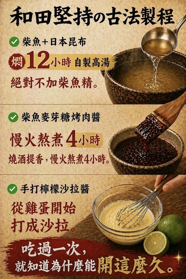 和田堅持古法製程：柴魚加日本昆布燜12小時自製高湯絕不加柴魚精；柴魚麥芽糖烤肉醬燒酒提香慢火熬煮4小時；手打檸檬沙拉醬從雞蛋開始打成沙拉